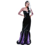Smiffys Evil Sea Witch Costume, Black Dress, Fairytale, Wings and Wands Fancy Fancy Dress, Storybook Character Dress Up Costumes