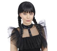 Ladies Halloween Fancy Dress Gothic Schoolgirl Wig Black Wednesday Wig Smiffys