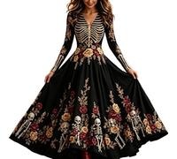 Ladies Halloween Fancy Dress UK Gothic Skeleton Maxi Long Sleeve V Neck | Women's Skull Rose 3D Print Flowy A-Line Spooky Horror Day of the Dead Witch Masquerade Cosplay Costume Halloween Costumes