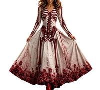 Ladies Halloween Fancy Dress UK Gothic Skeleton Maxi Long Sleeve V Neck | Women's Skull Rose 3D Print Flowy A-Line Spooky Horror Day of the Dead Witch Masquerade Cosplay Costume Halloween Costumes