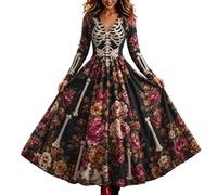 Ladies Halloween Fancy Dress UK Gothic Skeleton Maxi Long Sleeve V Neck | Women's Skull Rose 3D Print Flowy A-Line Spooky Horror Day of the Dead Witch Masquerade Cosplay Costume Halloween Costumes