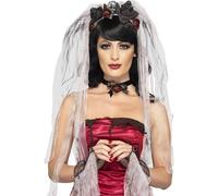 Gothic Bride Rose & Skull Veil, Choker & Gloves Kit - bride gothic halloween fancy dress kit veil ladies costume womens instant