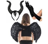 Ladies Halloween Gothic Evil Queen Horn Headband Black Angel Wings, Gloves | Witch Black Horn Headband, Large Feather Wings & Long Gloves Adult Dark Gothic Fairy Set Halloween Party Fancy Dress Costume