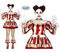 Ladies Halloween Killer Clown Fancy Dress Costume Clown Lady Red/Gold Outfit fg