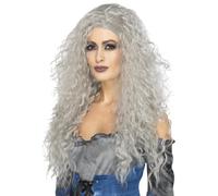 Ladies Halloween Long Grey Crimped Wig Banhee Fancy Dress Messy Wig