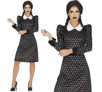 Ladies Halloween Print Gothic Girl Fancy Dress Costume Wednesday type Outfit fg
