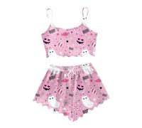 Ladies Halloween Pyjamas Cotton Print Nightwear Bat V Neck 2 Piece Lingerie Sets Spider Web Shorts Set Sleeveless Elastic Camisoles Skull Pjs Bottoms Co Ord Sets, Pink, S