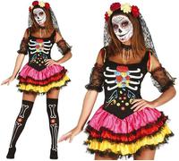 Ladies Halloween Short Day of the Dead Fancy Dress Costume Womens DOTD Outfit fg