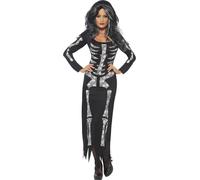 Smiffys Skeleton Costume, Black with Long Sleeved Tube Dress, Halloween Adult Fancy Dress, Skeleton Dress Up Costumes