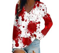 Ladies Halloween T Shirt I'm Fine Bloody Women Problem Solved Blood Tee Long Sleeve V-Neck Tops Blouse Womens Summer Loose Fit