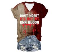 Ladies Halloween Top I'm Fine Bloody Shirt for Women Blood T Shirts Funny Short Sleeve V Neck Graphic Tees Casual Tops Summer