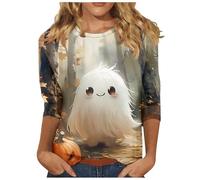 Ladies Halloween Tops Plus Size UK Women's Casual 3/4 Sleeve Tunic Shirts Cute Novel Graphical Print Pullover Crew Neck Basic Baggy T Shirts Funny Christmas Jumpers Blouses Warehouse Clearance