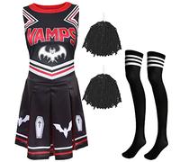 Ladies Halloween Vampire Cheerleader - Black & Red Cheerleader Dress, Black Pompoms and Black & White Sport Socks - Adults Cheer Captain Halloween Trick or Treat Fancy Dress Costume