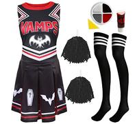 Ladies Halloween Vampire Cheerleader - Black & Red Cheerleader Dress, Black Pompoms, Black & White Sport Socks, Facepaint and Blood - Adults Halloween Trick or Treat Fancy Dress Costume