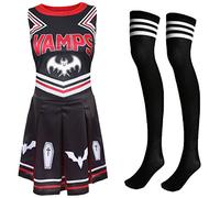 Ladies Halloween Vampire Cheerleader - Black & Red Cheerleader Dress with Black & White Sport Socks - Adults Cheer Captain Halloween Trick or Treat Fancy Dress Costume