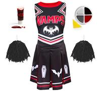 Ladies Halloween Vampire Cheerleader - Medium UK 12-14 - Black Cheerleader Dress with Red Pom Poms, Fake Blood and Facepaint