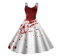 Ladies Halloween Vintage Sleeveless Dress Halloween Fancy Dress Costume Evening Party Spaghetti Strap Swing A-Line Dresses Prom Gown Print High Waist Bloody Style Brick Red