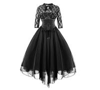 Ladies Halloween Witch Costume Lace Half Sleeve Tunic 1950s Cross A-line Swing Midi Dress, Black, M