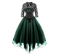 Ladies Halloween Witch Costume Lace Half Sleeve Tunic 1950s Cross A-line Swing Midi Dress, green, L