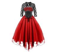 Ladies Halloween Witch Costume Lace Half Sleeve Tunic 1950s Cross A-line Swing Midi Dress, red, XXL