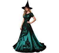 Ladies Halloween Witch Printed Maxi Dress Gothic Witch Halloween Dress for Women Short Sleeve Empire Waist Flowy Long Dresses, Boho Casual Fancy Dresses for Halloweens Themed Party