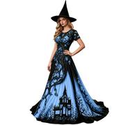 Ladies Halloween Witch Printed Maxi Dress Gothic Witch Halloween Dress for Women Short Sleeve Empire Waist Flowy Long Dresses, Boho Casual Fancy Dresses for Halloweens Themed Party