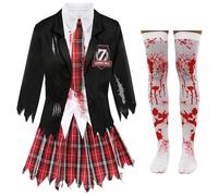 Ladies Halloween Zombie Schoolgirl Costume - Black and Tartan Bloodstained School Uniform with Tattered Edges - Adults Halloween Trick or Treat Fancy Dress Costume