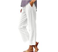 Ladies Harem Trousers Womens Linen Trousers UK Casual Solid with Elastic High Waisted Wide Leg Long Pants Loose Comfy Holiday Vacation Clothes White,L