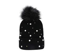 Ladies Hats Ribbed Pearls Knitted Bobble Pom Lightweight Durable Stylish Stretchy Winter Soft Warm Cozy Caps Comfortable Women Cold Weather Fashionable Hats Snowboard (One Size) Black