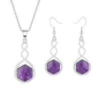 Ladies Hexagon Natural Stone Necklace & Dangle Earring Jewellery Set - Hypoallergenic Stainless Steel Chain - Love Knot Design - With Gift Box (Amethyst)