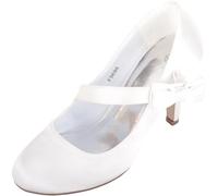 Ladies High Heel Court Shoe Satin Look Asymmetric Bow Trim Bar Strap - White - UK 6