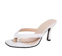 Ladies High Heeled Flip Flops Square Toe Thong Sandals Leather T-Straps Mules Anti Slip Flip Flop Outdoor Beach Summer Slip On Sandal Lightweight Ladies Shoe For Summer Indoor Outdoor