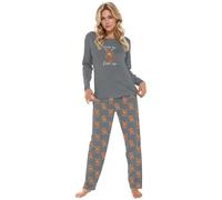 Ladies' Highland Cow Print Pyjamas, Grey Marl Cotton Blend, Long Sleeve Top & Trousers, Cosy Loungewear Gift, Women's Pajamas Lounge Wear Long Sleeve Grey PJs Comfortable