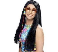 Ladies Hippy Wig Black Long Straight with Beads 60s 70s Fancy Dress