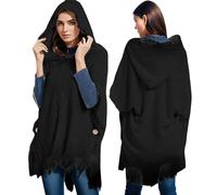Ladies Hooded Poncho with Fringed Hem Crochet Cape Casual Women Poncho with Decorative Buttons Lightweight Solid Sweater Shawl Cape Knitted Pullover Elegant Womens Tops for Autumn (Black, One Size)