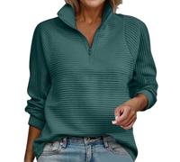 Ladies Hoodie, UK Ladies’ Half Zip Jumper Ribbed Texture Long Sleeve High Collar Comfy Pullover Green L