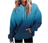 Ladies Hoodie Women's Loose Long Sleeve Dropped Shoulder Gradient Print Sweatshirt Adjustable Drawstring Sweater Large Front Pocket Oversized Jumper Super Soft Warm Cozy Snuggle Pullover Dark Blue