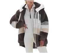 Ladies Hoodies with Zip Long Sleeve Open Front Womens Coats Zipper Wool Patchwork Women's Jackets with Pockets Ladies Loose Trendy Hooded Contrast Color Striped Women's Cardigans Work Wear Coats