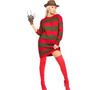 Ladies Horror Freddy Krueger Style Halloween Jumper Dress Red & Green Stripe Knitted Long Sleeve Top Women’s Sweater 8-10