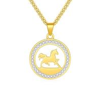 Ladies Horse Pendant Necklace - CZ Crystal-Studded Circular Design with Running Pony - Gold Plated Stainless Steel 50cm Chain - Jewellery Gift Box Included (Gold)