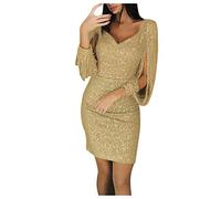 Ladies Hot Dress Shining Sexy Long Club Sleeved Women Sequined Stitching Mini Dress Solid Women's Dress Petite Ladies Dresses Yellow
