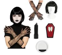 Ladies Hotel Vampire Accessory - Black Cape with Collar, Black Bob Wig, Spiderweb Gloves, Vampire Fangs, Lipstick, Facepaint - Adults Womens TV Film Costume Accessory Set