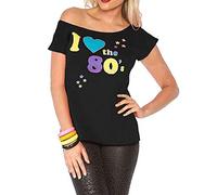 Ladies I Love 80s T-shirt Womens Pop Star Pink Black Retro Top Sexy Fancy Dress Outfit (Large (UK 12 -14), Black)