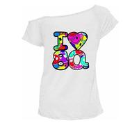 Ladies I Love the 80's T-Shirt Fancy Dress Off Shoulder Costume Stars Globe Hen Party Women's Retro Fancy Top Outfit UK Size 8-26 (UK, Numeric, 20, 22, Plus, Regular, White - Multi 80's)