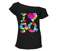 Ladies I Love The 90's T-Shirt Fancy Dress Off Shoulder Costume Stars Globe Hen Party Women's Retro Fancy Top Outfit UK Size 8-26 (UK, Numeric, 12, 14, Regular, Regular, Black - Multi 90's)