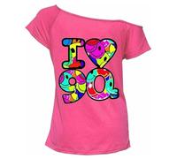 Ladies I Love The 90's T-Shirt Fancy Dress Off Shoulder Costume Stars Globe Hen Party Women's Retro Fancy Top Outfit UK Size 8-26 (UK, Numeric, 8, 10, Regular, Regular, Pink - Multi 90's)