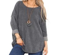 Ladies Italian Corduroy Cotton Tunic Tops with Necklace Round Neck Long Sleeves Women's Blouse Casual Classic Pullover Drop Shoulder Lagenlook Shirt Y2k Fashion Women's Grey Jumper One Size10-18