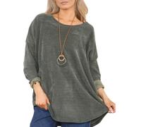 Ladies Italian Corduroy Cotton Tunic Tops with Necklace Round Neck Long Sleeves Women's Blouse Casual Classic Pullover Lagenlook Shirt Y2k Fashion Women's Olive Green Jumper One Size10-18