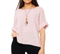 Ladies Italian Cotton Tunic Round Neck Layering Top Women's Lagenlook Plain Shirt Long Sleeve Loose Fit Solid Color Lightweight Elegant Casual Blouse with Necklace Dusty Pink One Size UK (10-18)