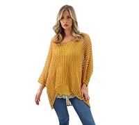 Ladies Italian Lagenlook Knitted Crochet Lace Mesh Quirky Loose High Low Layering Vest Tops Twin Set Womens T-Shirt Blouse UK Plus Size 8-22 (XXL/XXXL (UK 24-26), Mustard)